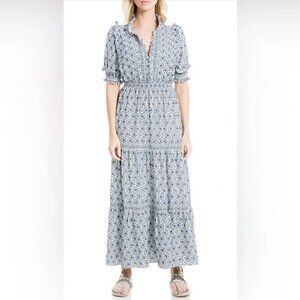 Max Studio Dress L VNeck Elbow Sleeve Boho Floral Print Tiered Maxi Flowy Casual